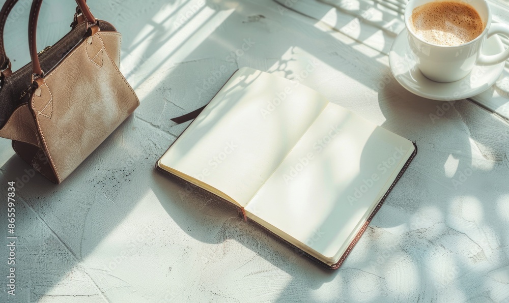 Poster closed notebook on a light gray table with a cup of coffee on the right and a handbag on the left