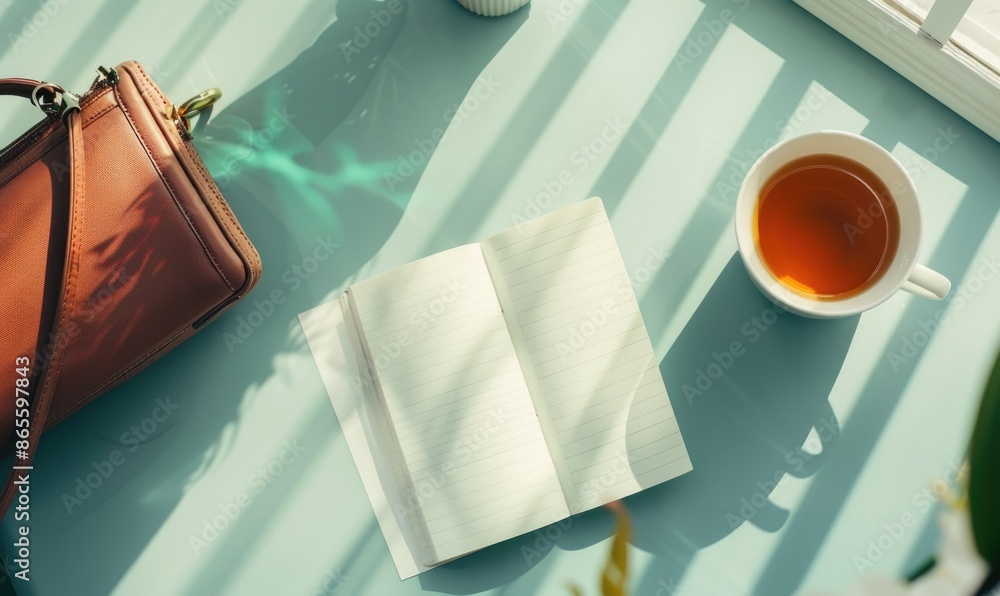 Poster closed notebook on a light gray table with a cup of tea on the right and a handbag on the left