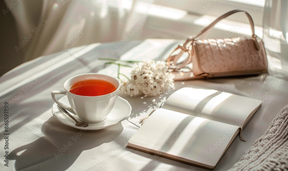 Poster Closed notebook on a light gray table with a cup of tea and a handbag
