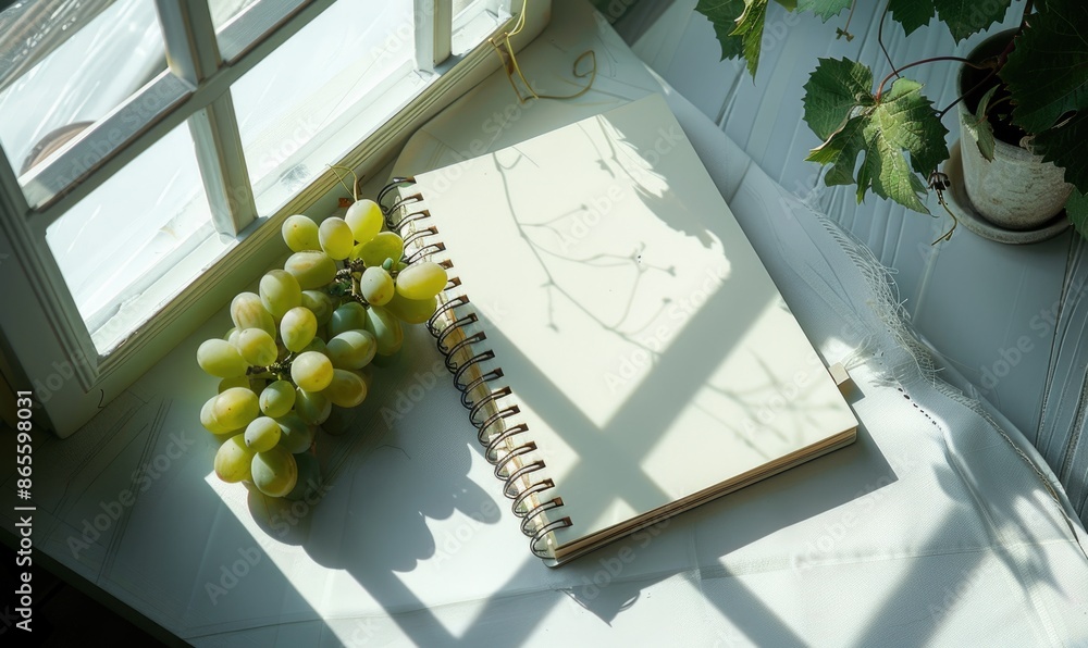 Poster closed notebook on a white table with a bunch of grapes