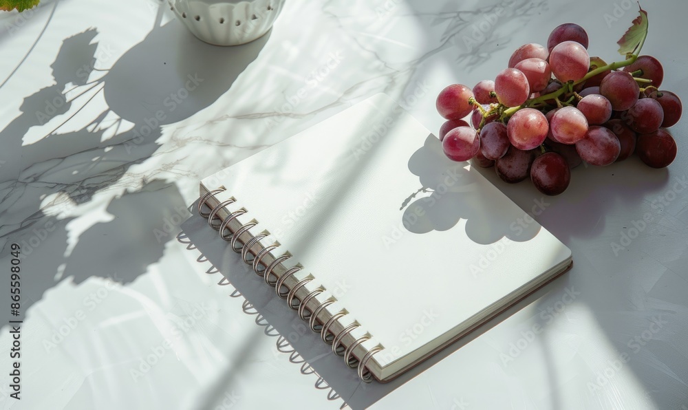 Poster closed notebook on a white table with a bunch of grapes