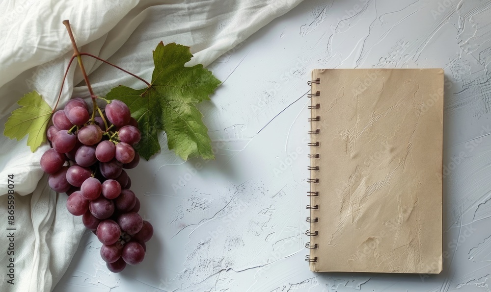 Poster closed notebook on a white table with a bunch of grapes