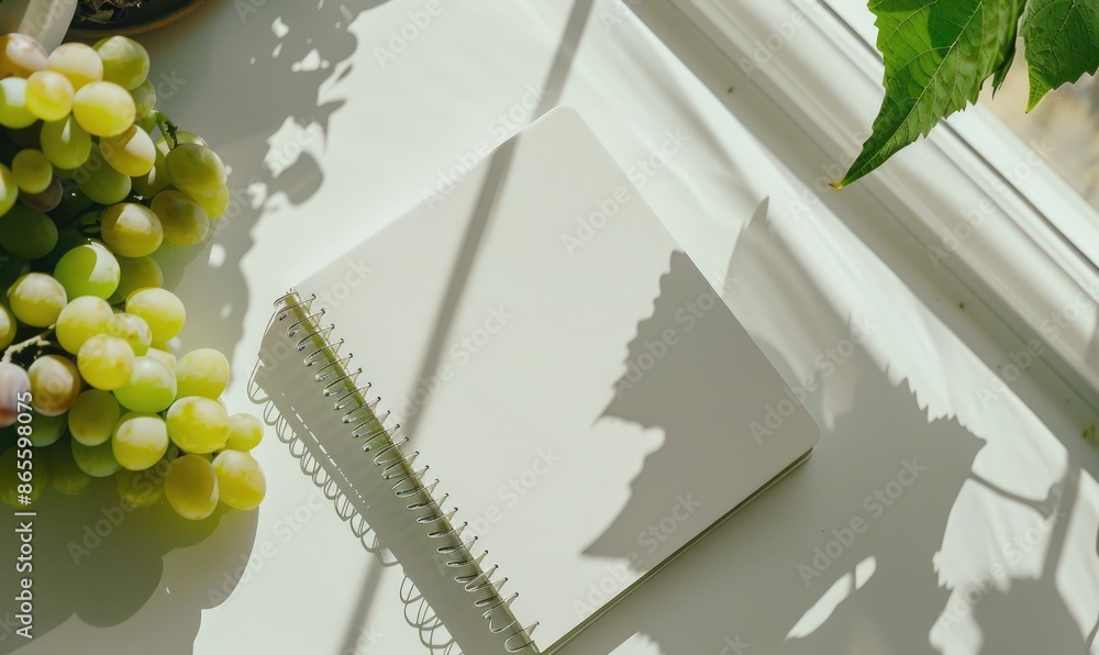 Aufkleber closed notebook on a white table with a bunch of grapes