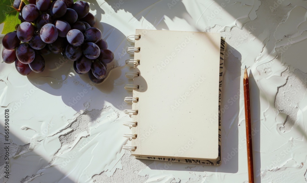 Poster closed notebook on a white table with a bunch of grapes
