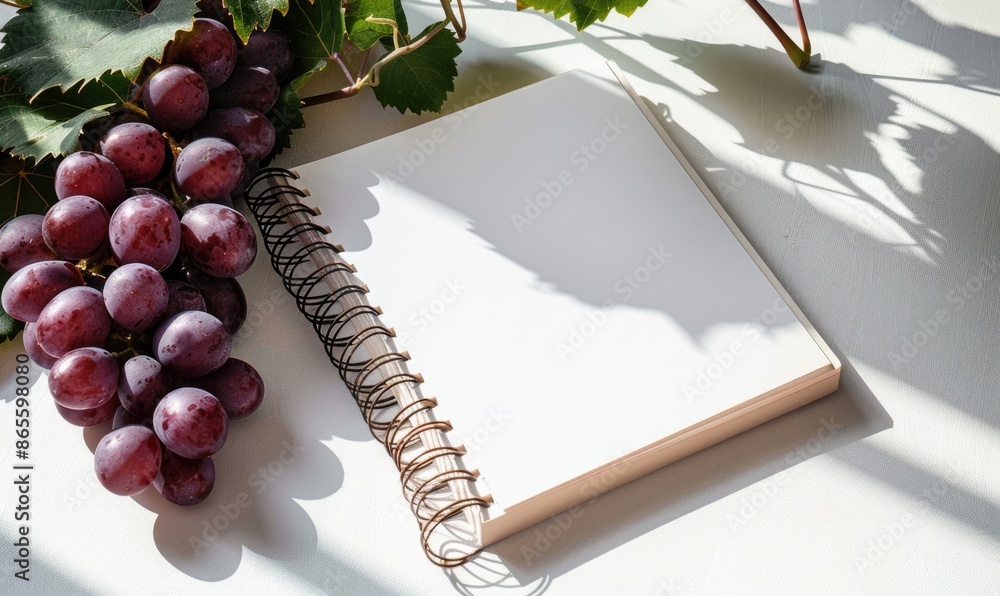 Poster closed notebook on a white table with a bunch of grapes