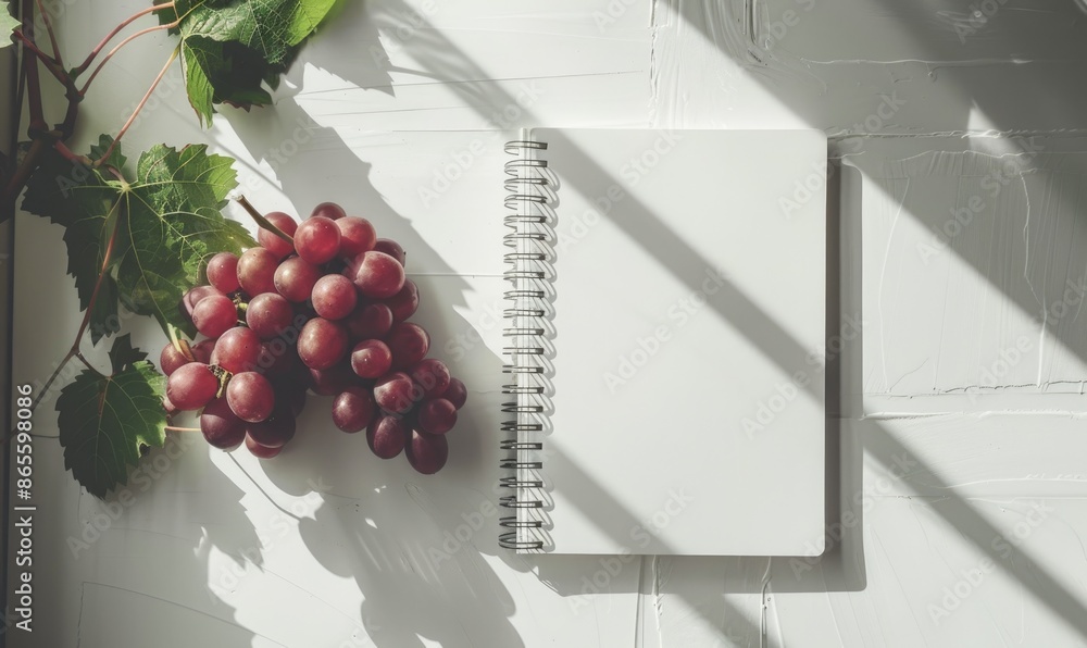 Poster closed notebook on a white table with a bunch of grapes