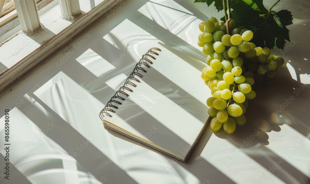 Poster closed notebook on a white table with a bunch of grapes