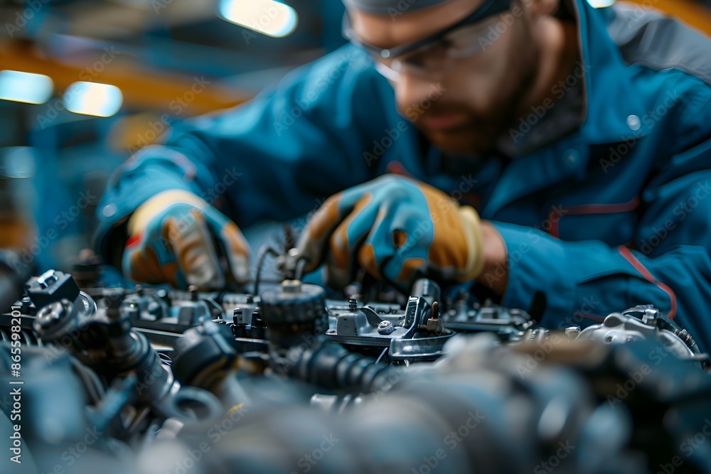 Poster Focused Mechanic Working on Engine Components in a Workshop