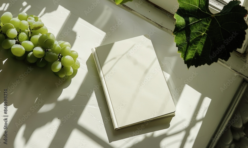 Poster closed notebook on a white table with a bunch of grapes