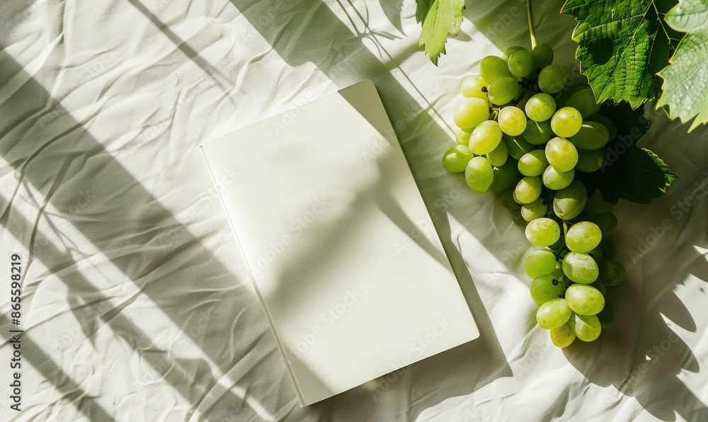 Poster closed notebook on a white table with a bunch of grapes