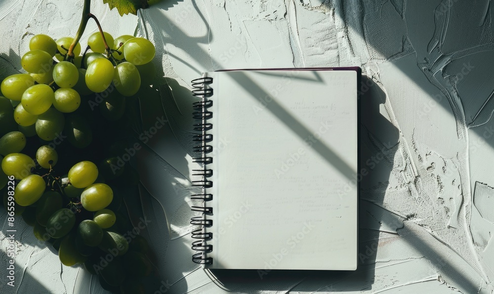 Poster closed notebook on a white table with a bunch of grapes