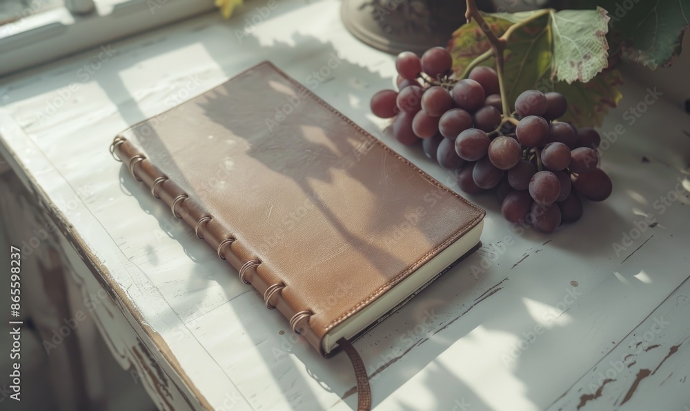 Poster closed notebook on a white table with a bunch of grapes