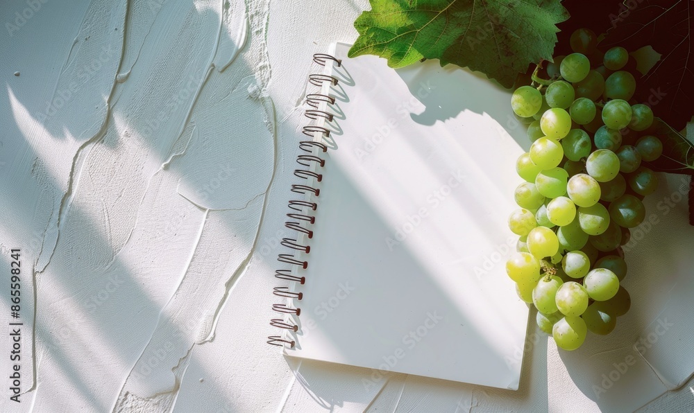 Poster closed notebook on a white table with a bunch of grapes