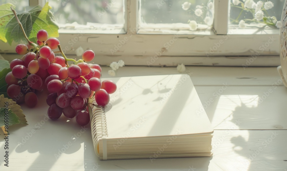 Poster closed notebook on a white table with a bunch of grapes
