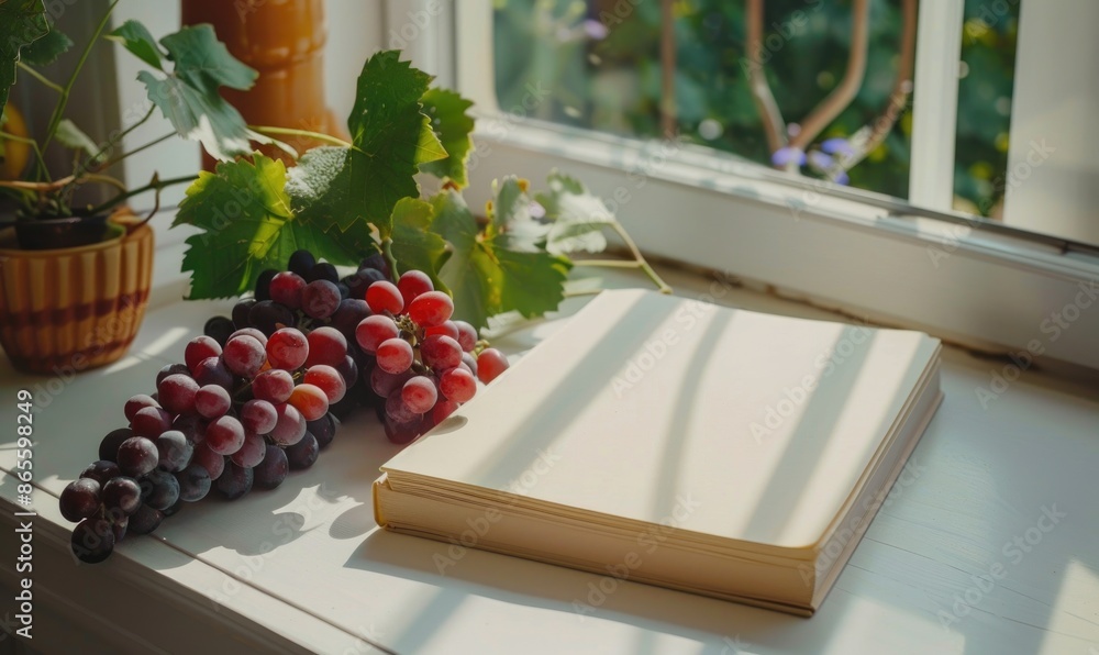 Poster closed notebook on a white table with a bunch of grapes