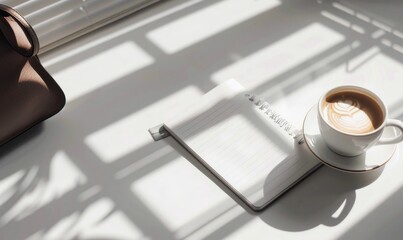 Closed notebook on a white table with a cup of coffee and a handbag