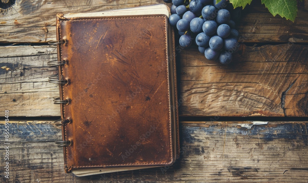 Poster notebook on a wooden table with a bunch of grapes