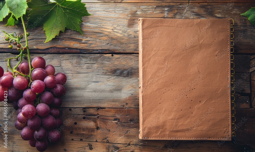 Poster notebook on a wooden table with a bunch of grapes