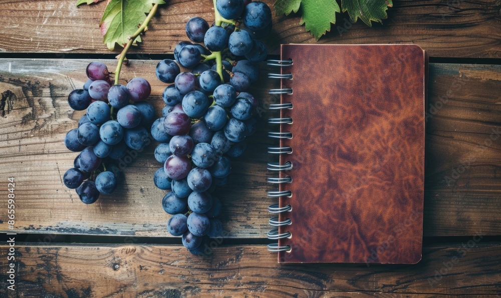 Poster notebook on a wooden table with a bunch of grapes