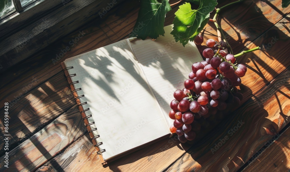 Poster notebook on a wooden table with a bunch of grapes