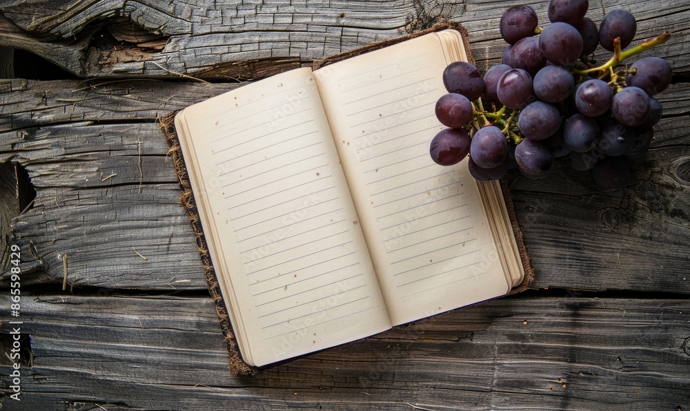 Poster notebook on a wooden table with a bunch of grapes