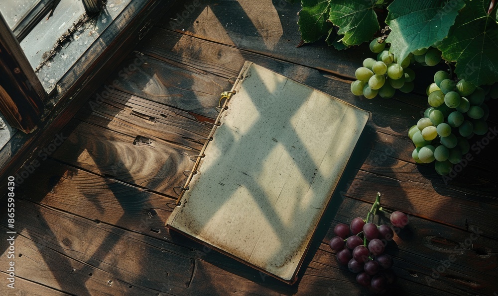 Poster notebook on a wooden table with a bunch of grapes