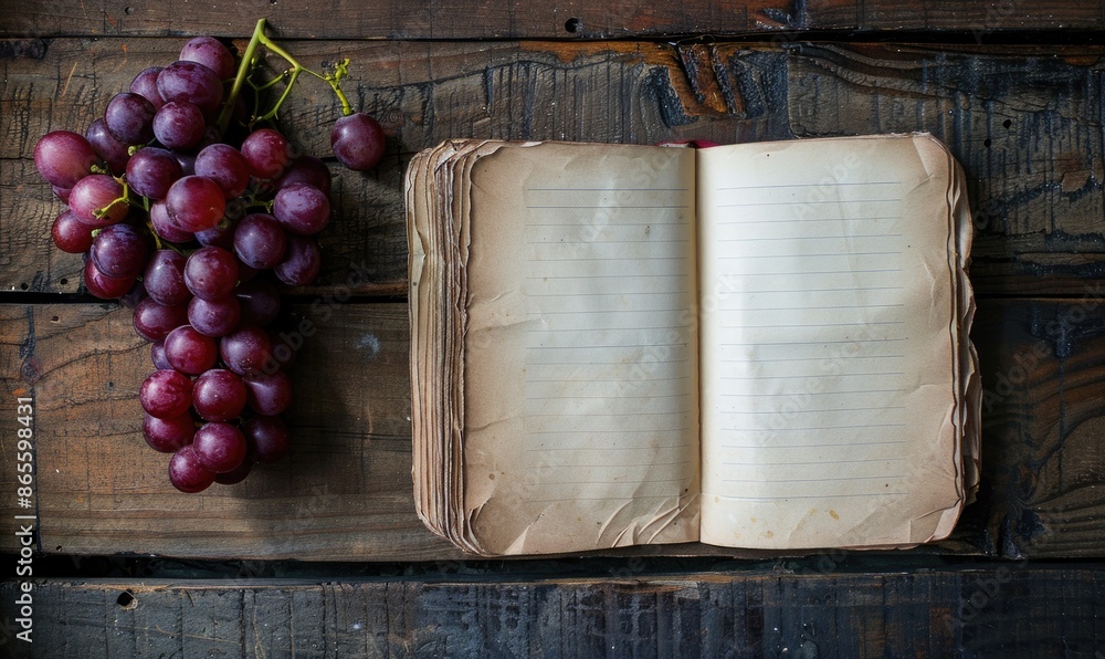 Poster notebook on a wooden table with a bunch of grapes