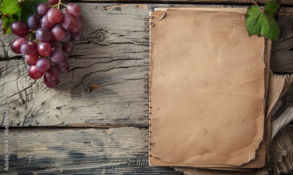 Poster notebook on a wooden table with a bunch of grapes