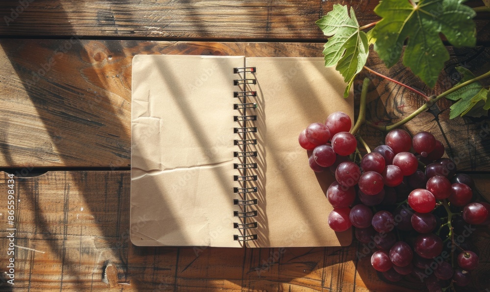 Poster notebook on a wooden table with a bunch of grapes