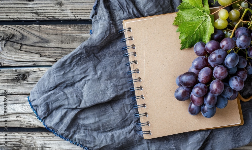 Poster notebook on a wooden table with a bunch of grapes