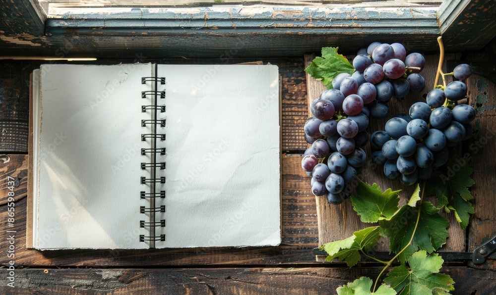 Poster notebook on a wooden table with a bunch of grapes