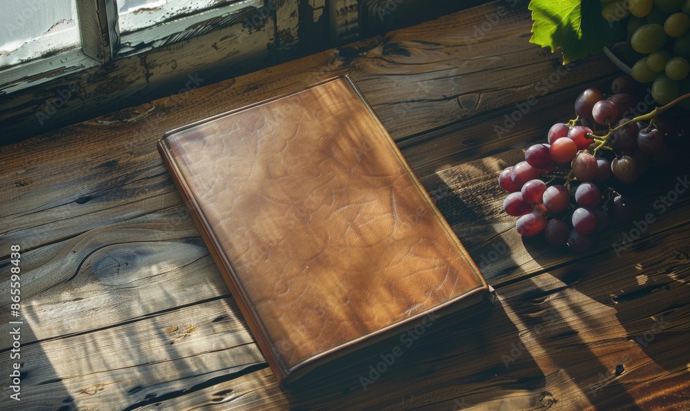 Poster notebook on a wooden table with a bunch of grapes