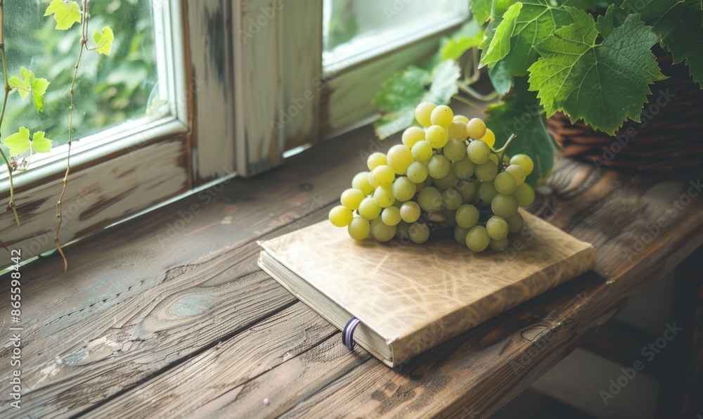 Poster notebook on a wooden table with a bunch of grapes