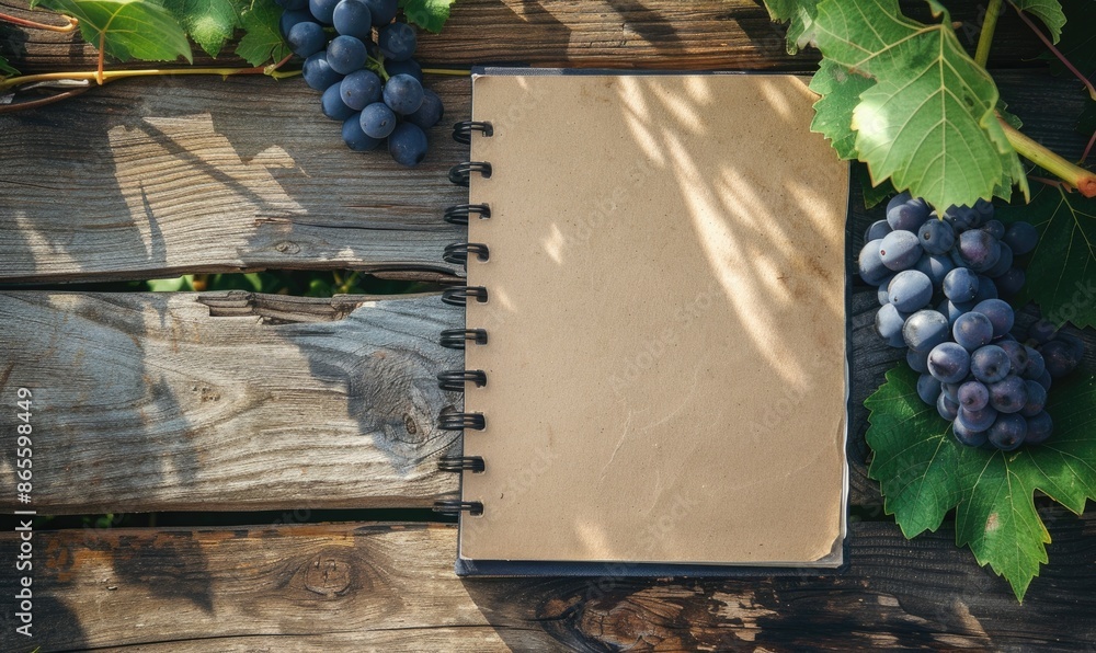 Poster notebook on a wooden table with a bunch of grapes