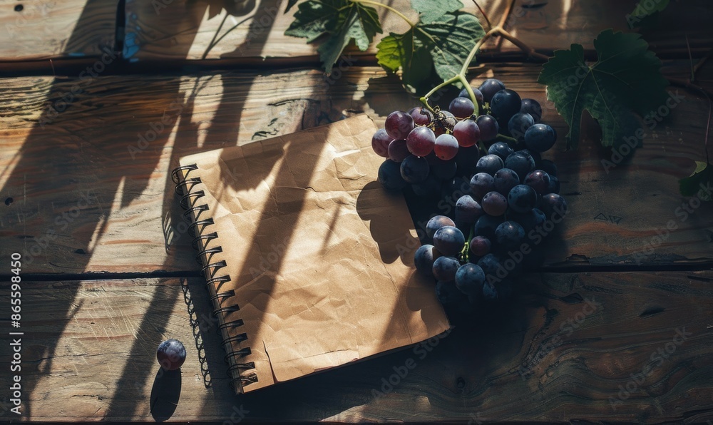 Poster notebook on a wooden table with a bunch of grapes