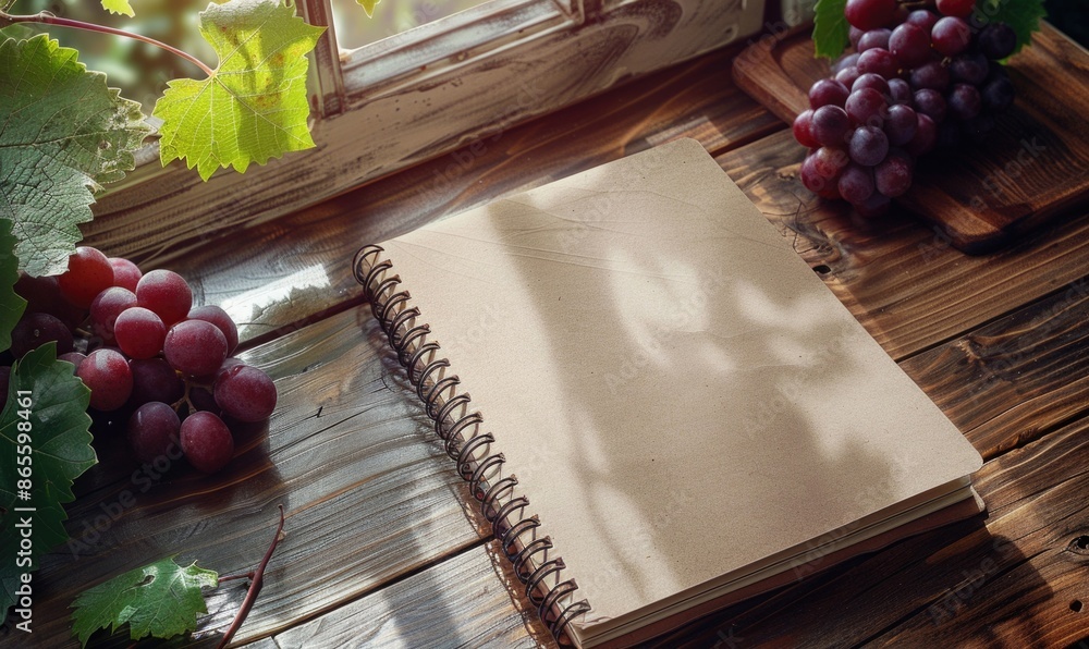 Poster notebook on a wooden table with a bunch of grapes