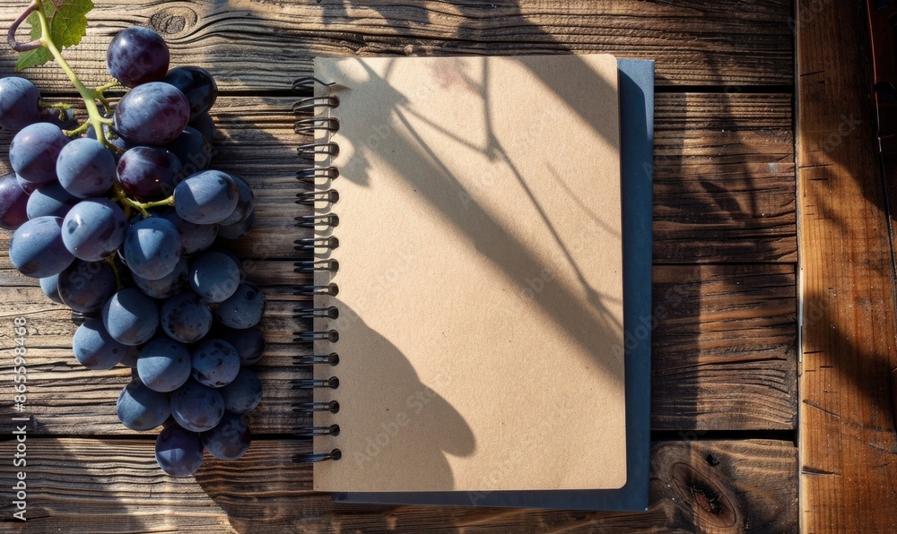 Poster notebook on a wooden table with a bunch of grapes