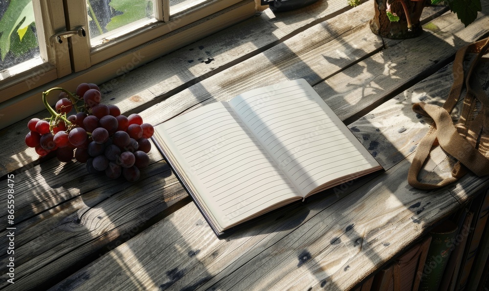 Poster notebook on a wooden table with a bunch of grapes