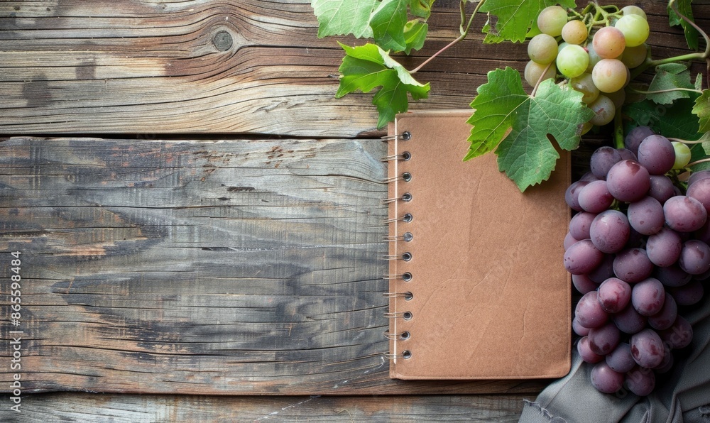 Poster notebook on a wooden table with a bunch of grapes