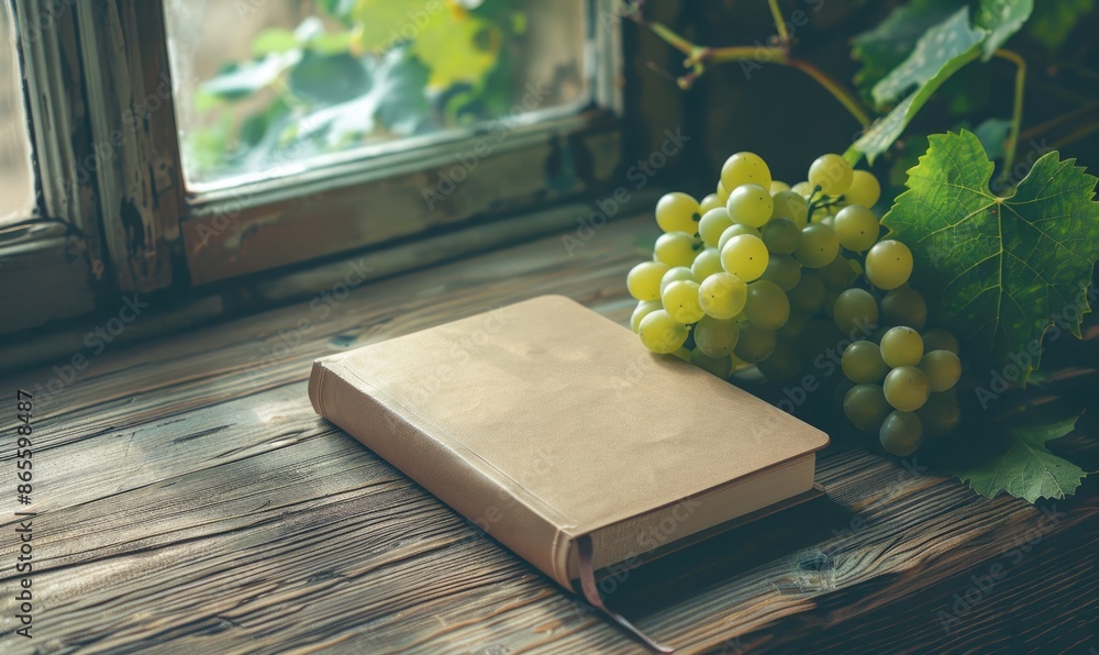 Poster notebook on a wooden table with a bunch of grapes