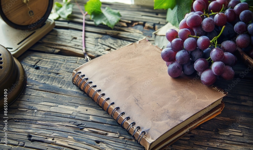 Poster notebook on a wooden table with a bunch of grapes
