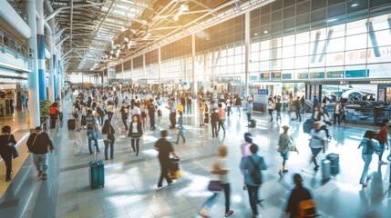 A bustling airport terminal filled with travelers moving through the space. Passengers are seen with luggage, walking towards their gates, or waiting in the terminal.