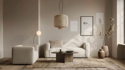 A modern living room interior design with white armchairs and a wicker coffee table
