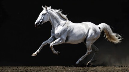 White Stallion in Motion Against a Dark Background