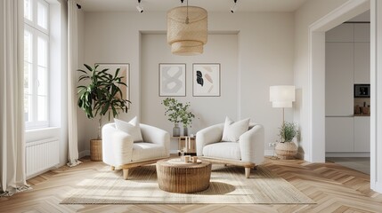 A modern living room interior design with white armchairs and a wicker coffee table