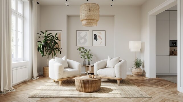 A modern living room interior design with white armchairs and a wicker coffee table