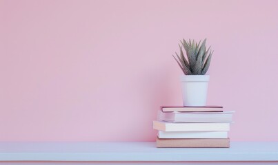 Stack of books on a white desk with a pastel pink background