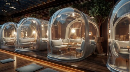 A row of clear, enclosed dining pods at a restaurant, illuminated by warm light. The pods offer privacy and a unique dining experience.