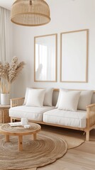 A modern living room interior design with white armchairs and a wicker coffee table