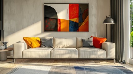 Comfortable sofa, painting on the wall with geometric shapes. Living room interior design.  Bright sunlight.